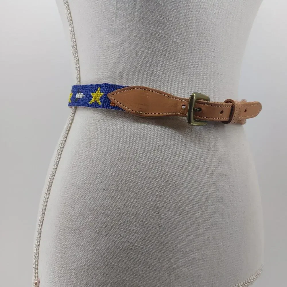 CDE Belt Size 28 Women Leather Tips Hand Beaded Star Flags